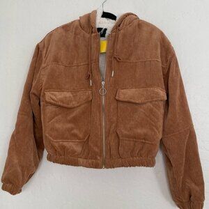 Love Tree Jacket Women Sz Small Cropped Brown Corduroy Sherpa Lining Winter Coat